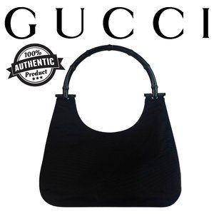 Gucci Nylon Leather Trimmed Bamboo Hobo Shoulder Bag Black